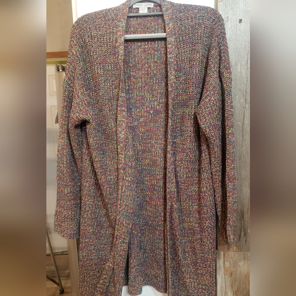 Fall Sabrina Lauren Womens Large Multi Colored Knit Crochet Cardigan Open Front